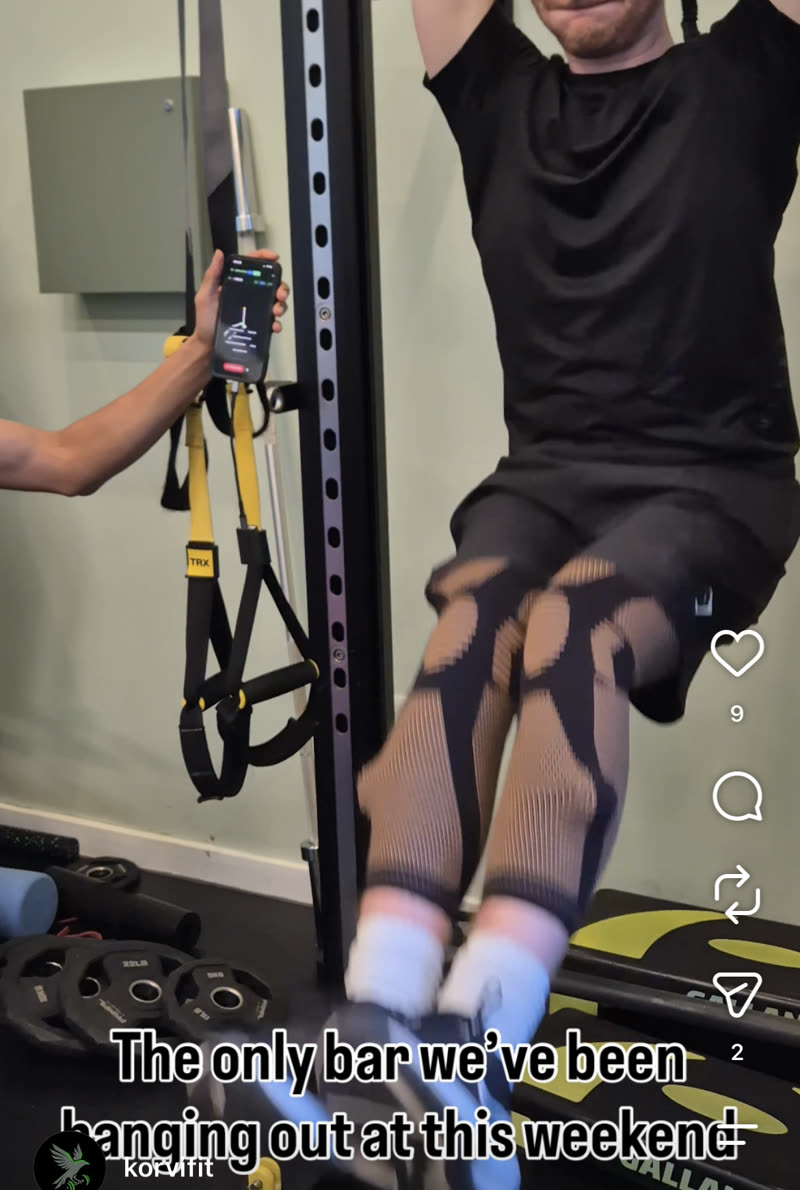 Weekend social life: one pull-up bar and a set of leg raises.