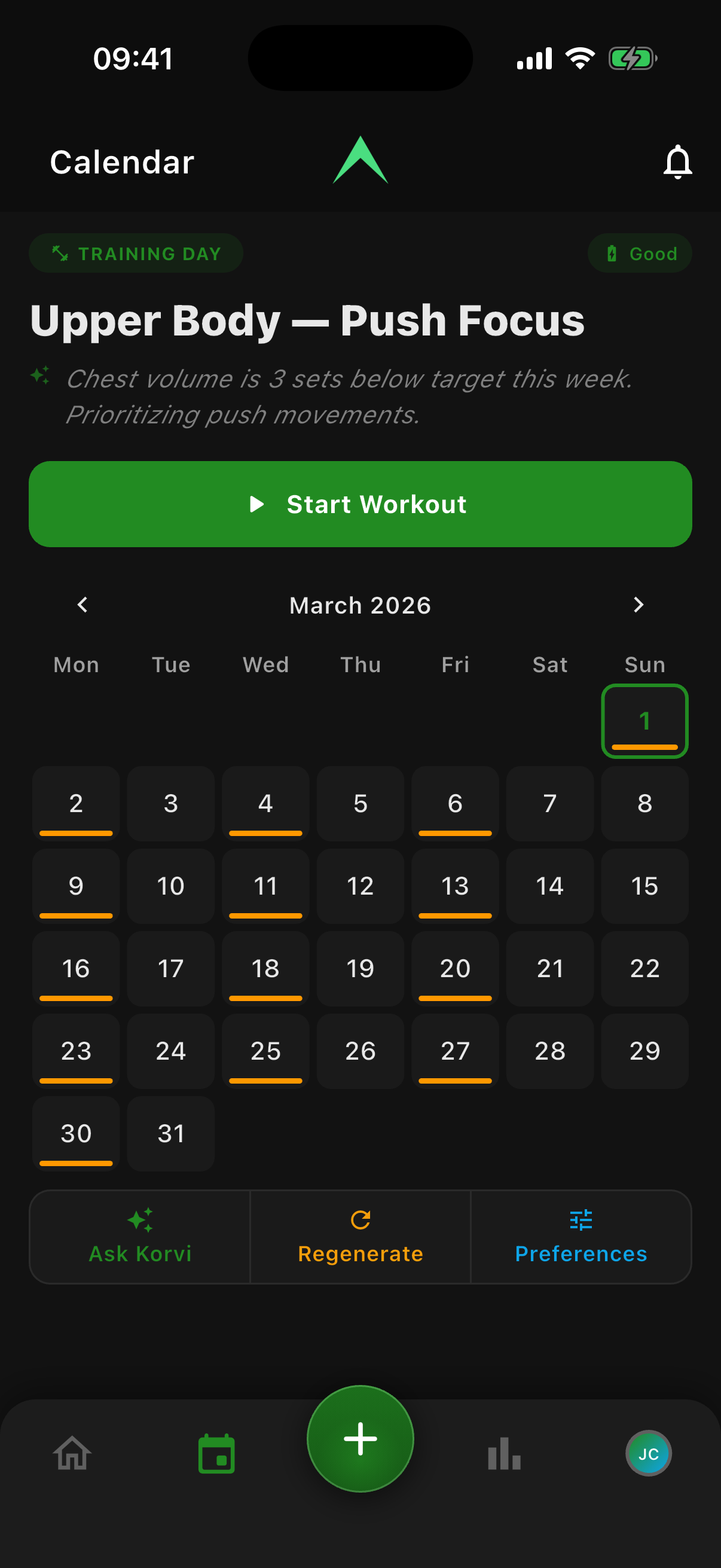 Korvi app showing live rep counting, velocity based training data, and muscle fatigue tracking during a strength training workout